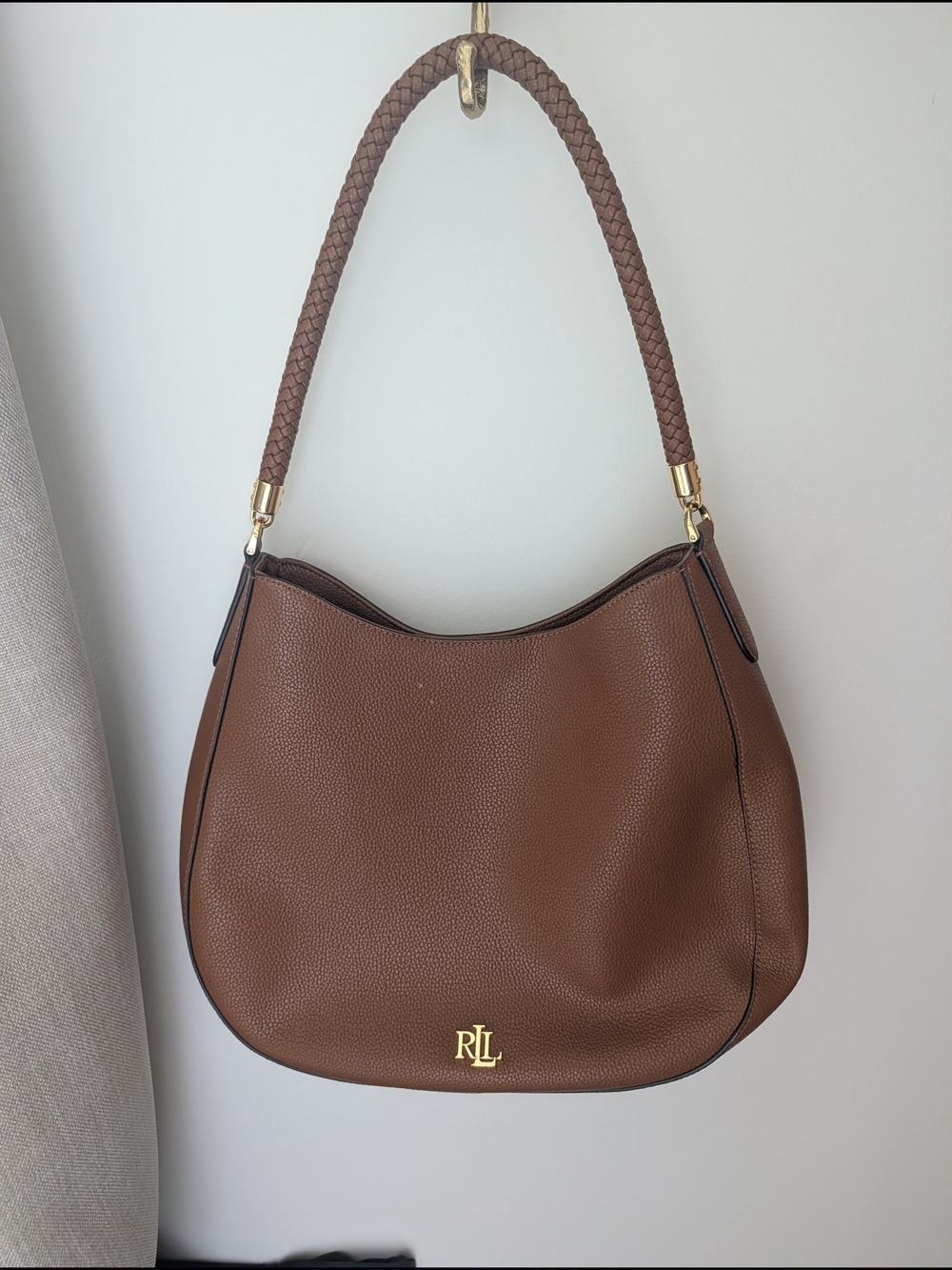 Lauren Ralph Lauren Brown Pebbled Leather Shoulder Bag with Braided Handle